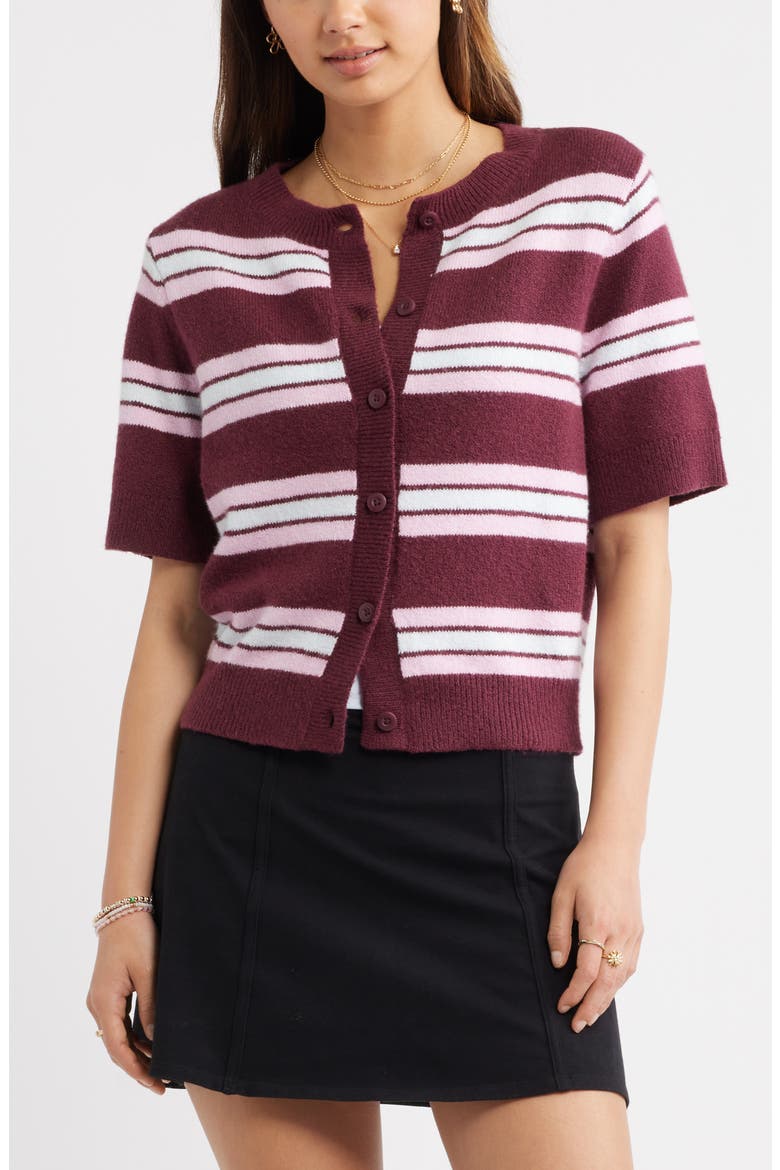 Short Sleeve Cardigan, Main, color, BURGUNDY TANNIN STRIPE