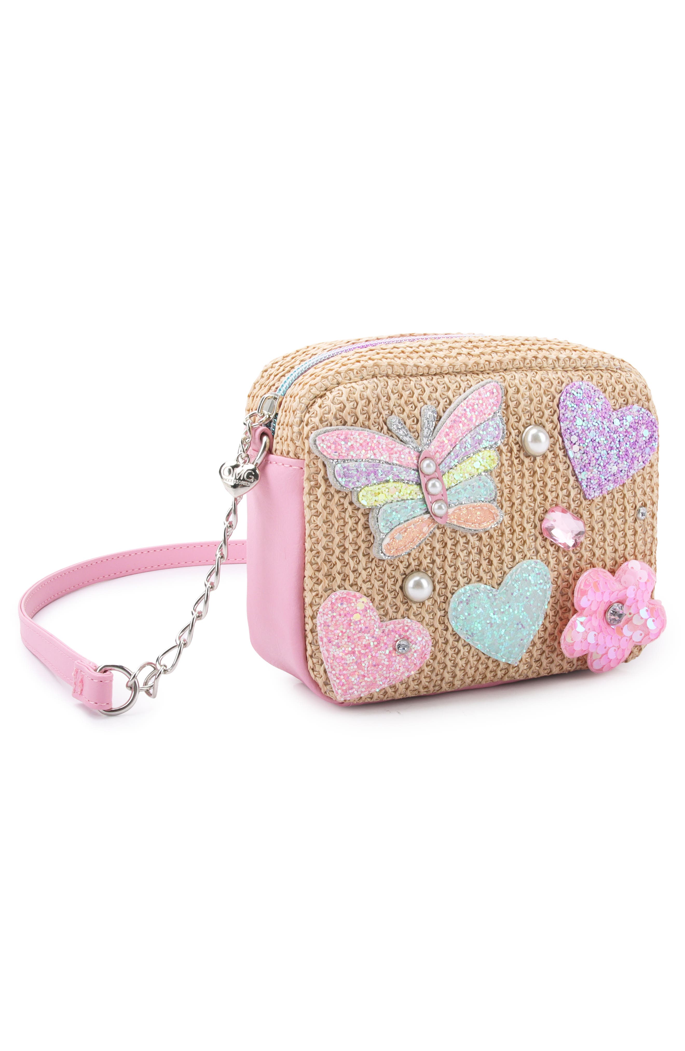 OMG Accessories Kids' Butterfly Appliqué Straw Crossbody Bag, Alternate, color, Natural