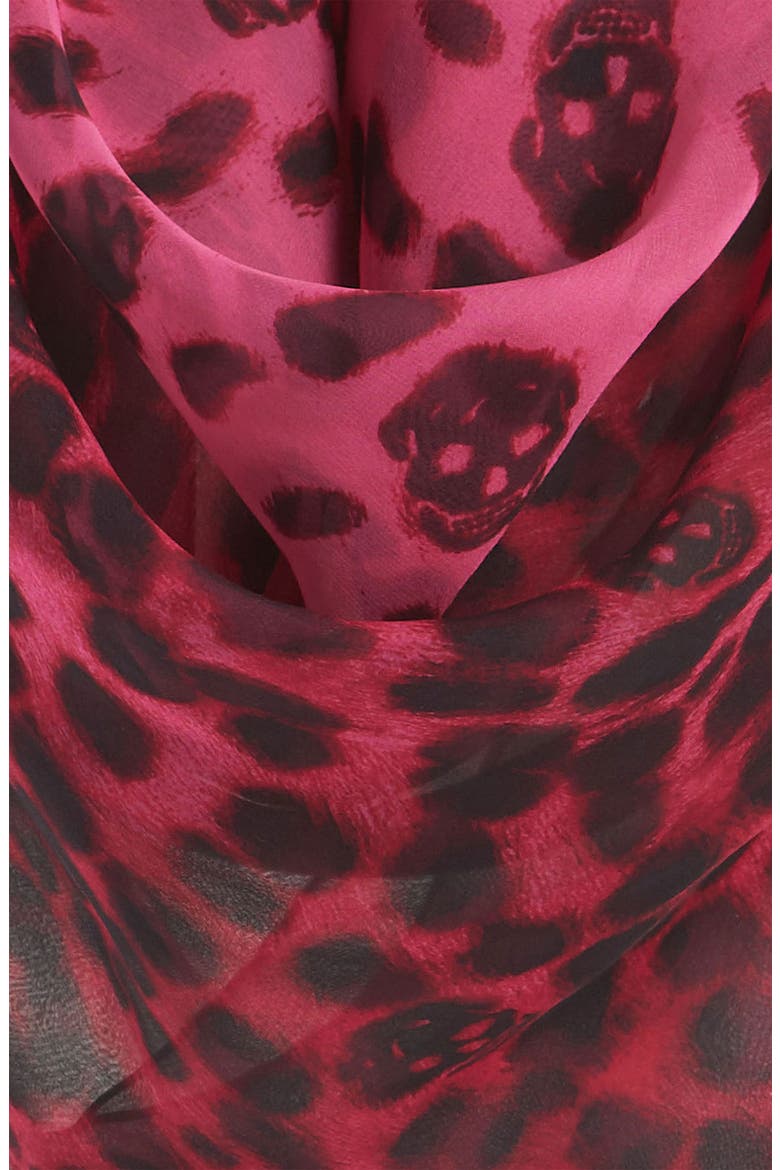 Alexander McQueen 'Leopard Skull' Chiffon Scarf, Alternate, color, PINK FUXIA/ BLACK