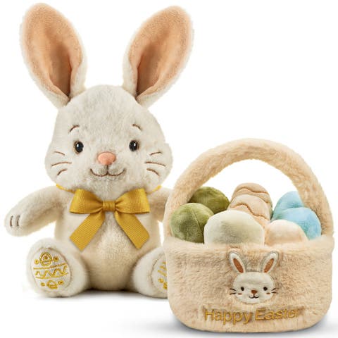 Plush Bunny with Bow and Easter Egg Basket Toy Set