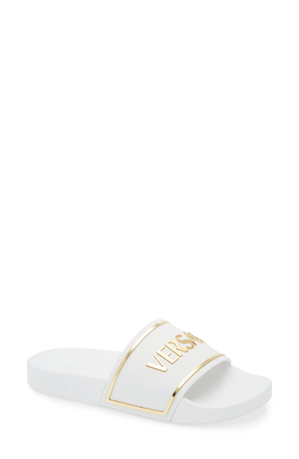 Logo Pool Slide, color, PORCELAIN WHITE-VERSACE GOLD