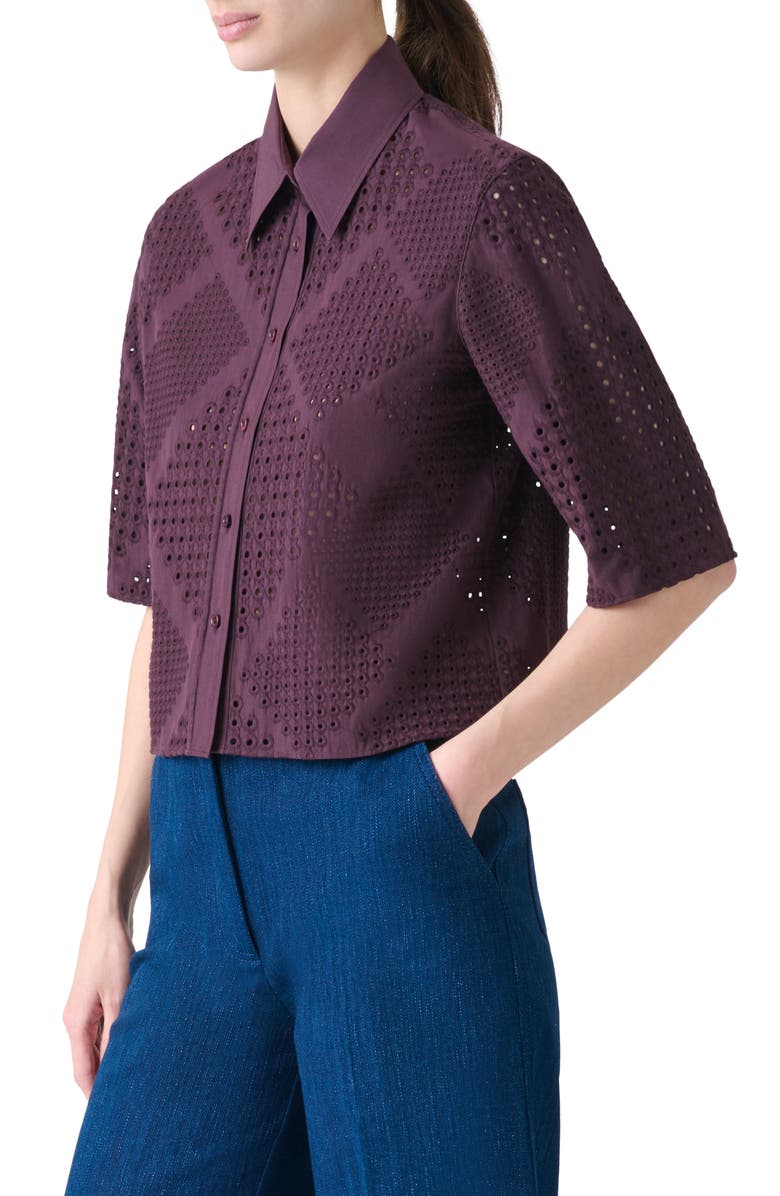 Akris punto Diamond Cotton Eyelet Short Sleeve Crop Button-Up Shirt, Alternate, color, Blackberry