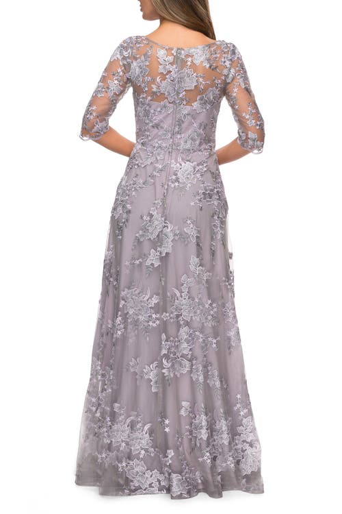 La Femme Cap Sleeve Long Evening Gown With Lace Detailing In Lavender/gray