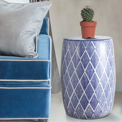 Jonathan Y Moroccan Diamonds 18" Ceramic Drum Garden Stool In Blue/white