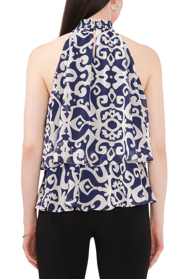 Medallion Print Smocked Halter Neck Blouse, Alternate, color, NAVY/WHITE