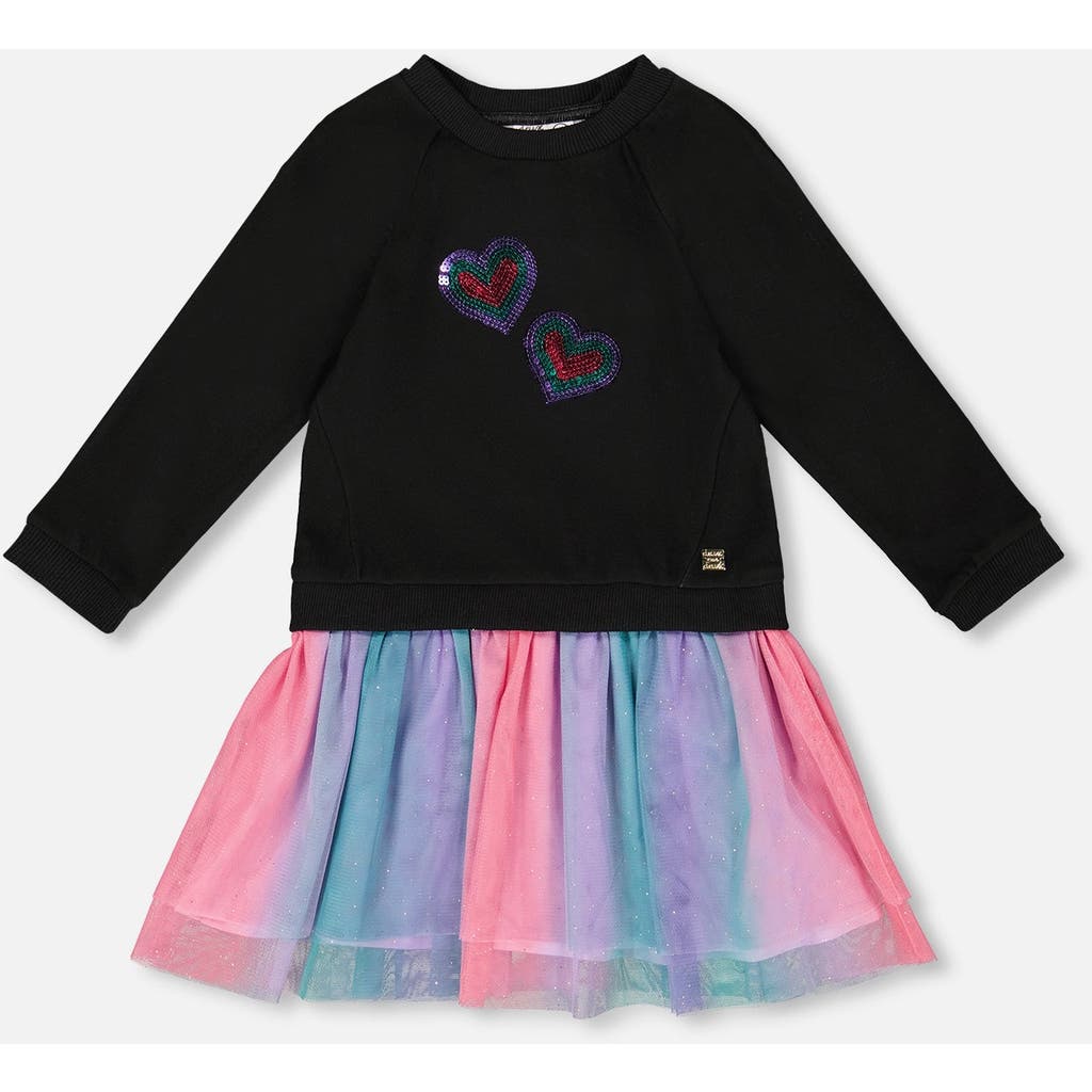 Deux Par Deux Bi-material Dress With Mesh Skirt In Black
