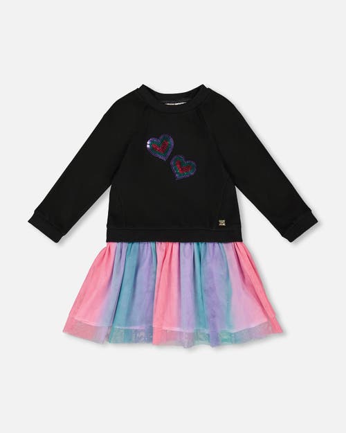 Deux Par Deux Bi-material Dress With Mesh Skirt In Black