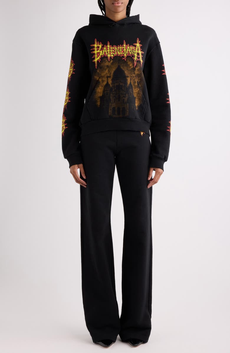 Balenciaga Medium Fit Distressed Sacré Couer Graphic Hoodie, Alternate, color, 1000 Black