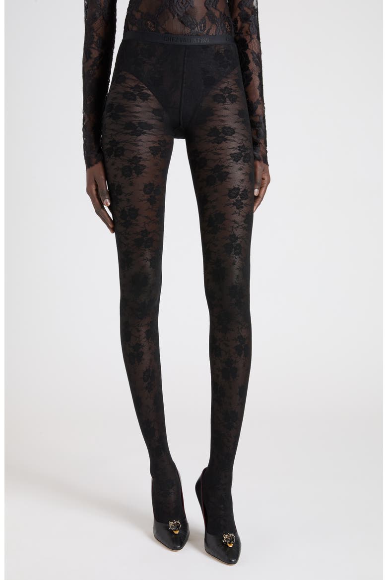 Sheer Floral Lace Tights, Alternate, color, BLACK