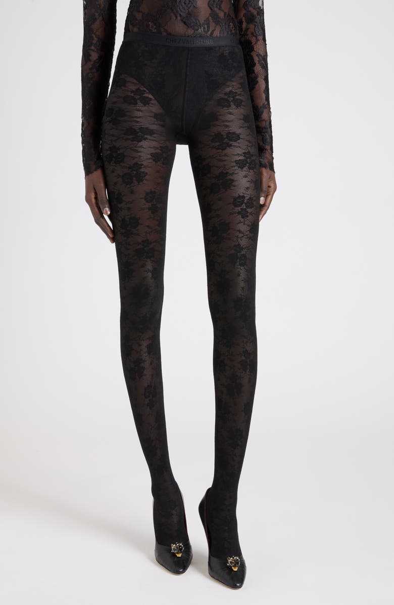 Valentino Sheer Floral Lace Tights, Alternate, color, Black