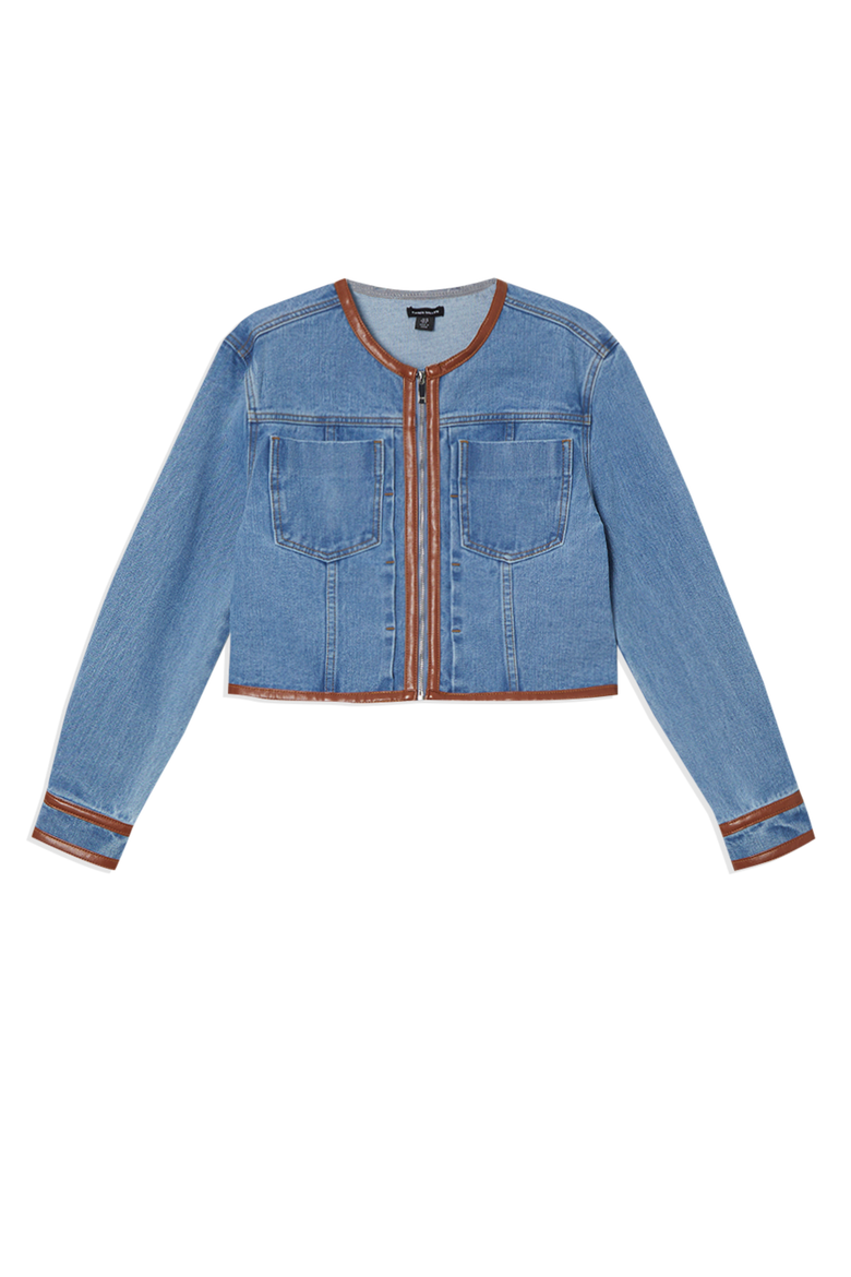 Denim & Leather Collarless Jacket, Alternate, color, Light Blue