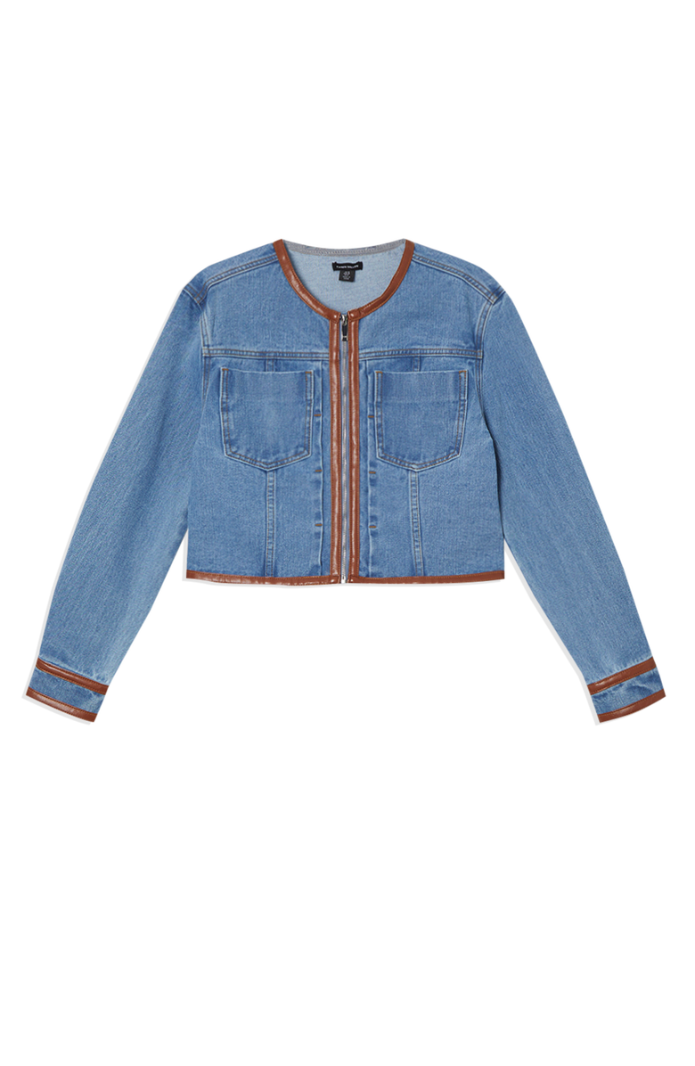 Karen Millen Denim & Leather Collarless Jacket, Alternate, color, Light Blue