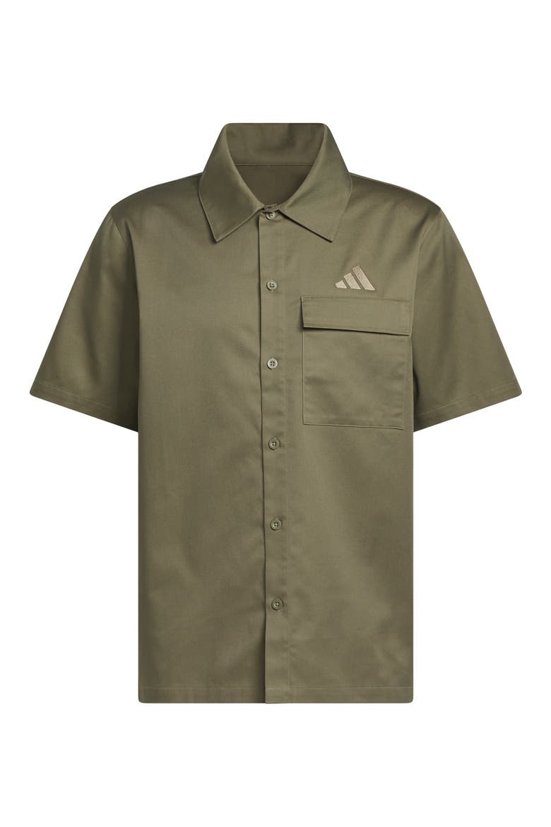 Short Sleeved Woven Buttoned Front Top, Alternate, color, OLIVE STRATA