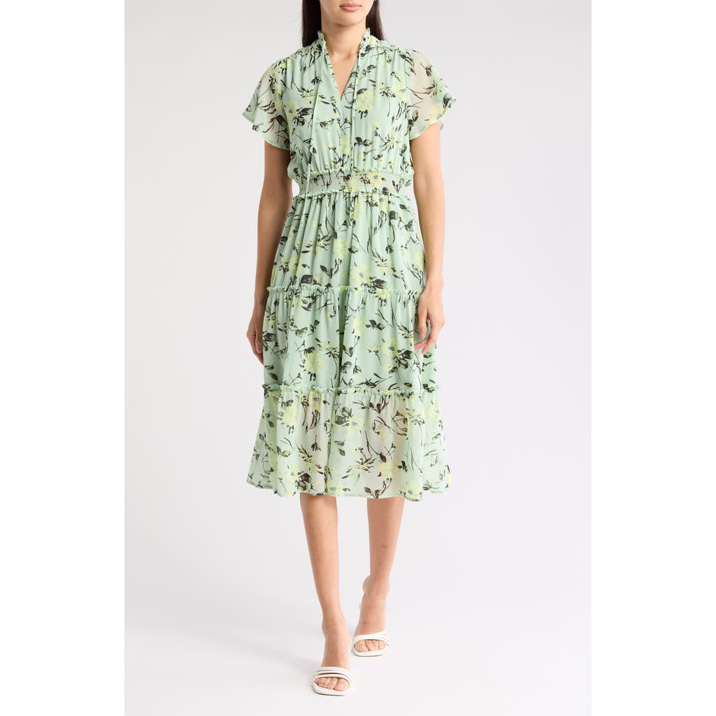 Shop Melrose And Market Tiered Midi Dress In Green Celadon Prim Bloom