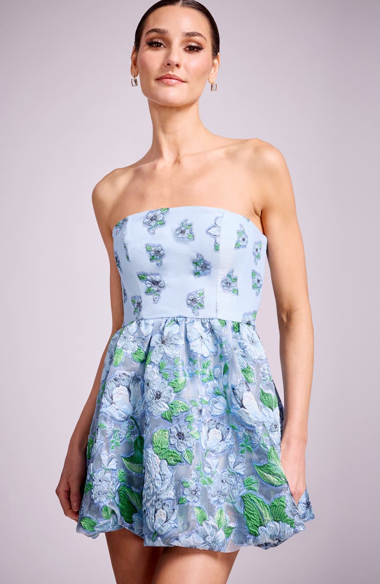 Dress the Population Spencer Metallic Embroidered Floral Strapless Bubble Hem Cocktail Minidress, Alternate, color, Sky Multi