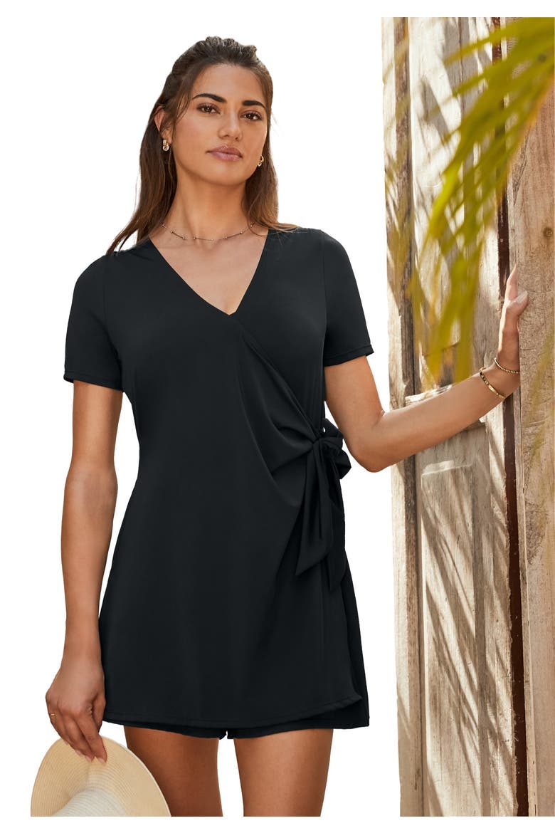 Tie-Wrap Swim Romper, Main, color, BLACK