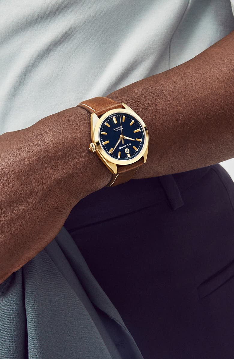 Movado Heritage Datron Leather Strap Watch, 40mm, Alternate, color, Blue