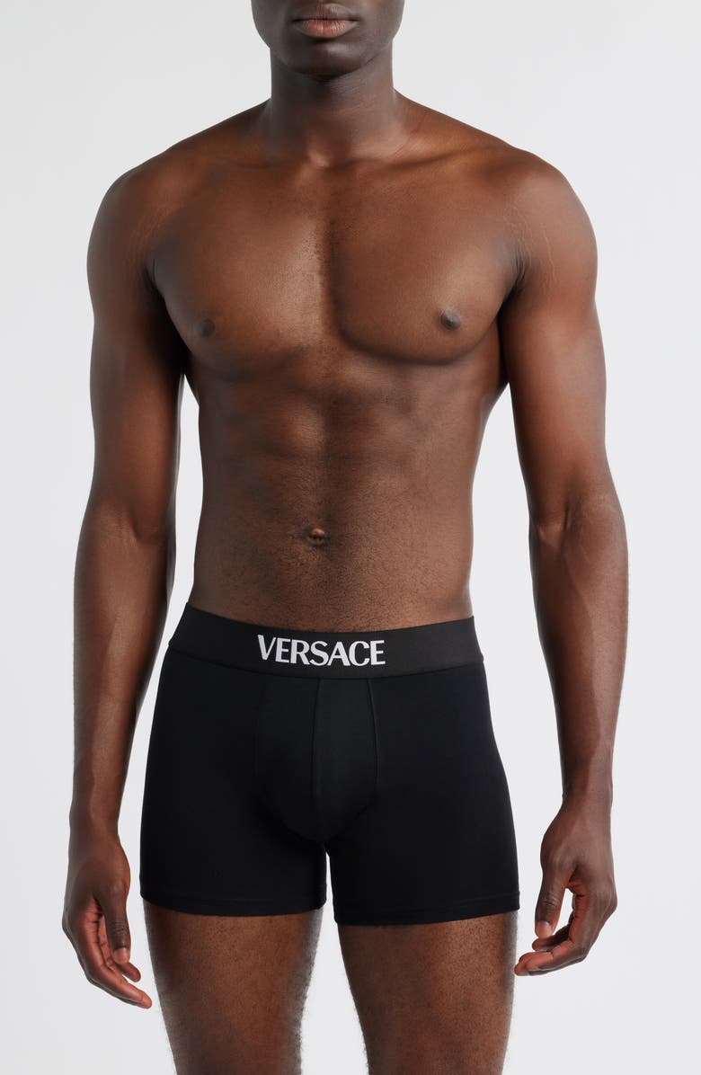 Versace Essential Logo Stretch Cotton Boxer Briefs, Main, color, Black