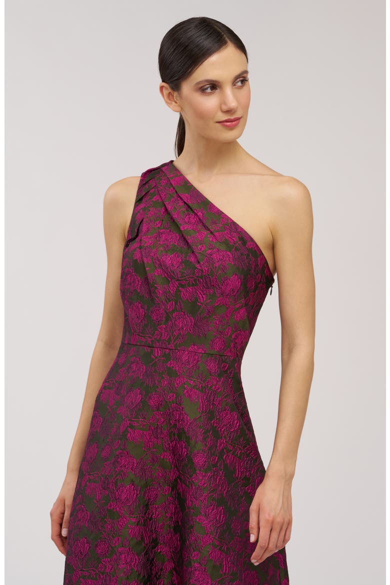 Ashley Metallic Floral Jacquard One-Shoulder Gown, Alternate, color, WILD BERRY/ PESTO