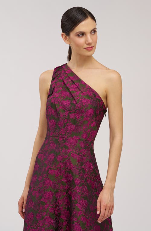 Kay Unger Ashley Metallic Floral Jacquard One-shoulder Gown In Green
