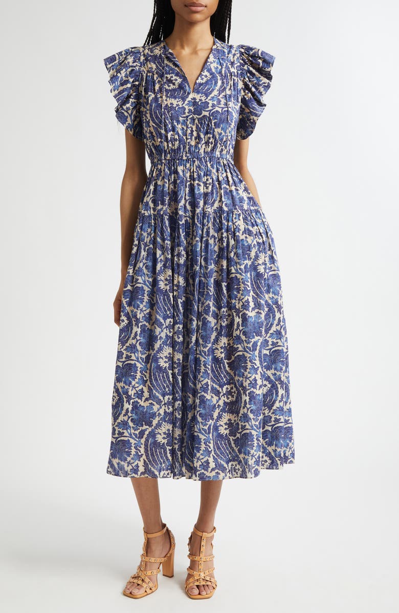 Ulla Johnson Kairi Flutter Sleeve Midi Dress, Main, color, Ocean
