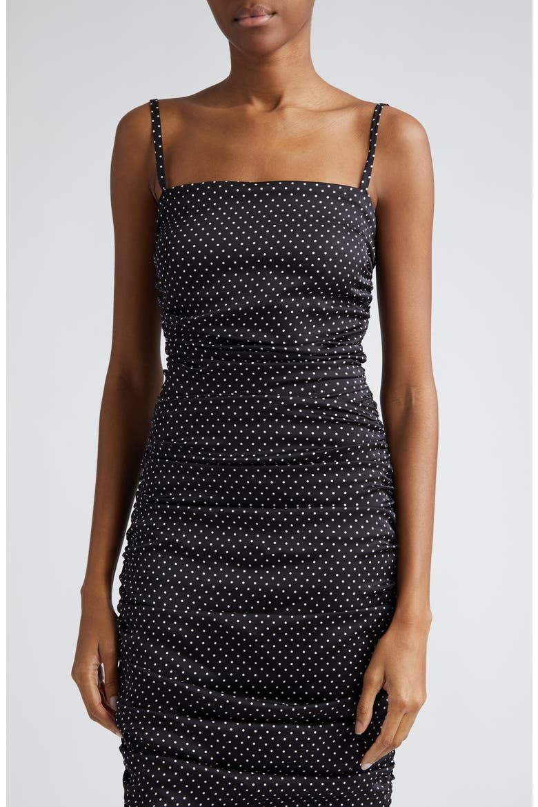 Polka Dot Ruched Charmeuse Sheath Dress, Alternate, color, BIANCO/ NERO