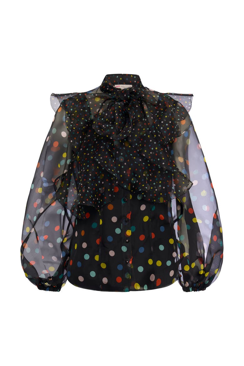 Printed Silk Organza Blouse With Flounces Polka dot print, Main, color, Black Multicolour