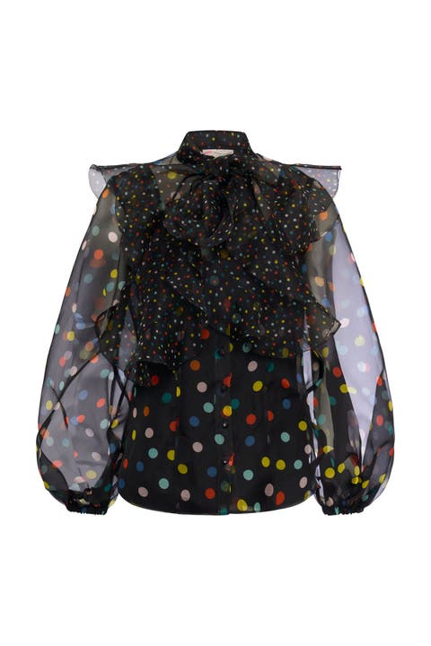 Printed Silk Organza Blouse With Flounces Polka dot print