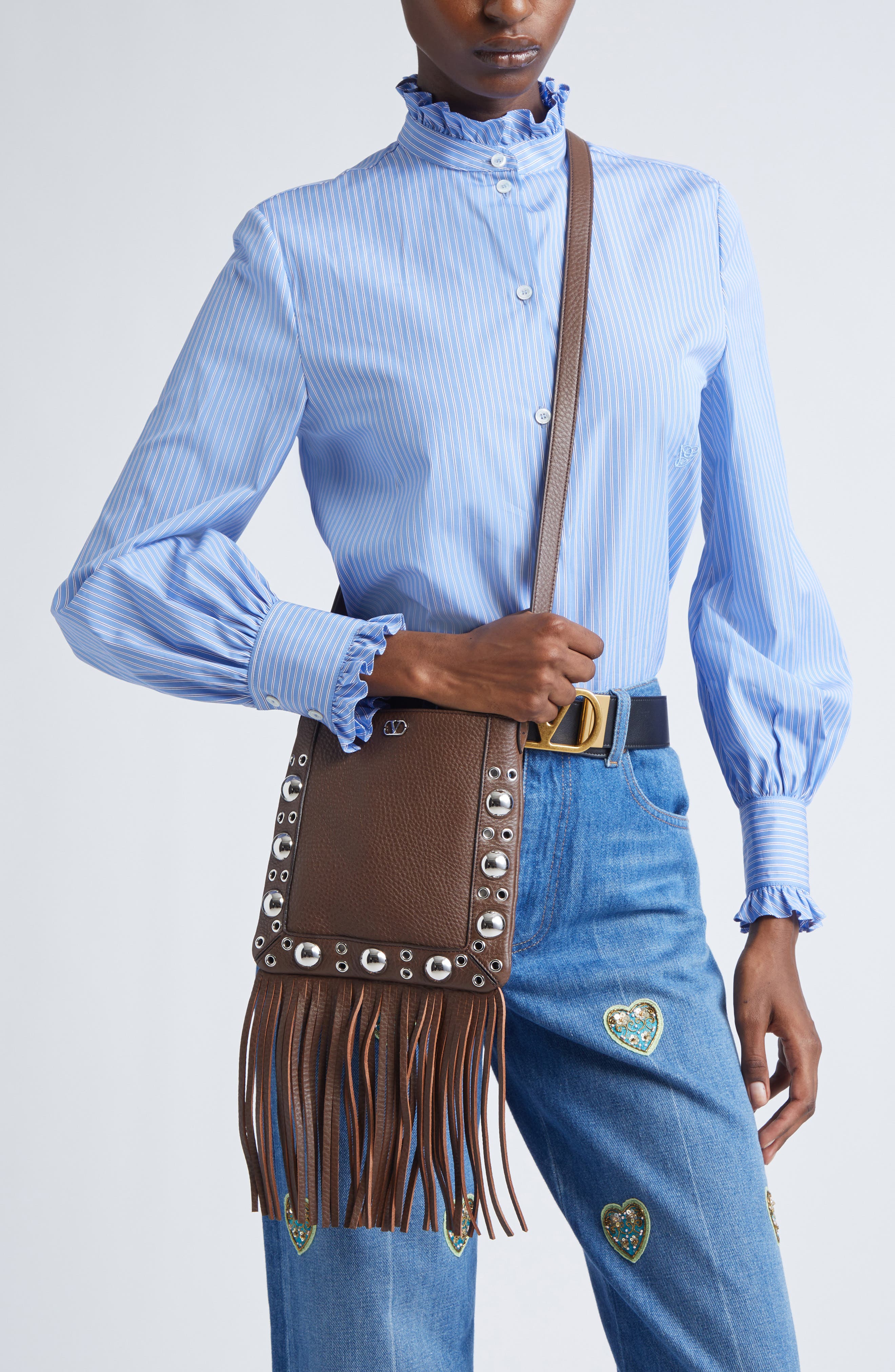 Valentino Garavani Small Nellcôte Fringed Studded Leather Crossbody Bag, Alternate, color, 