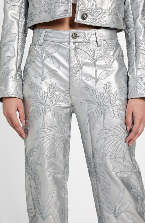 Guess Clelia Embroidered Metallic Faux Leather Straight Leg Pants In Silver
