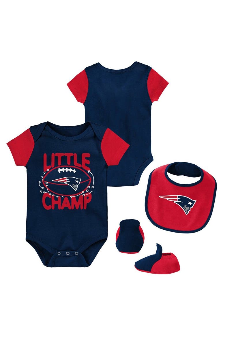 Newborn & Infant Navy/Red New England Patriots Little Champ Three-Piece Bodysuit Bib & Booties Set, Main, color, Navy