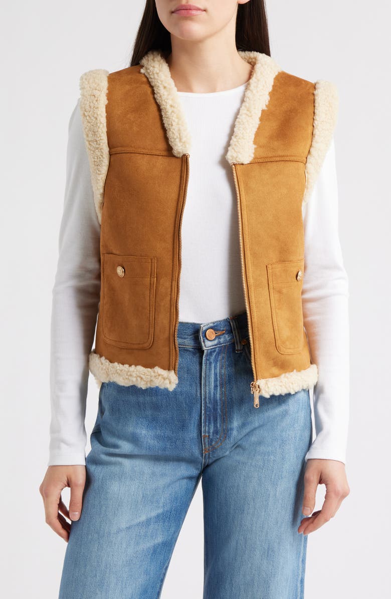 Sam Edelman Faux Suede & Faux Shearling Vest, Main, color, Cognac/ Ivory