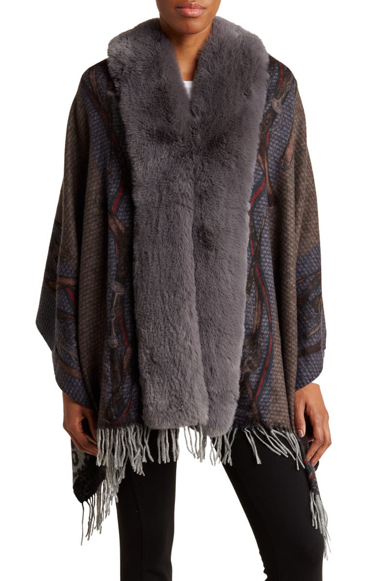 La Fiorentina Chain Print Fringe Wool Wrap with Faux Fur Trim, Main, color, 