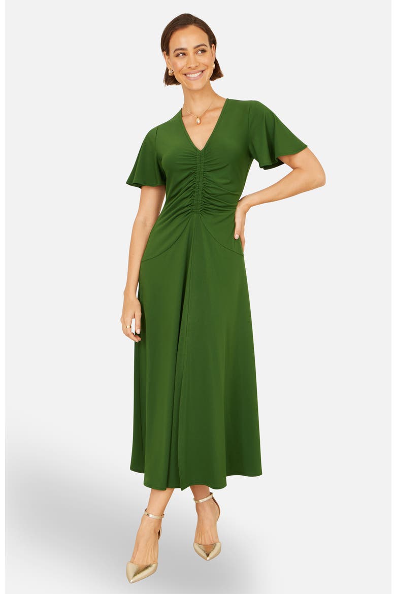 Ruched Front Stretch Midi Dress, Alternate, color, Green