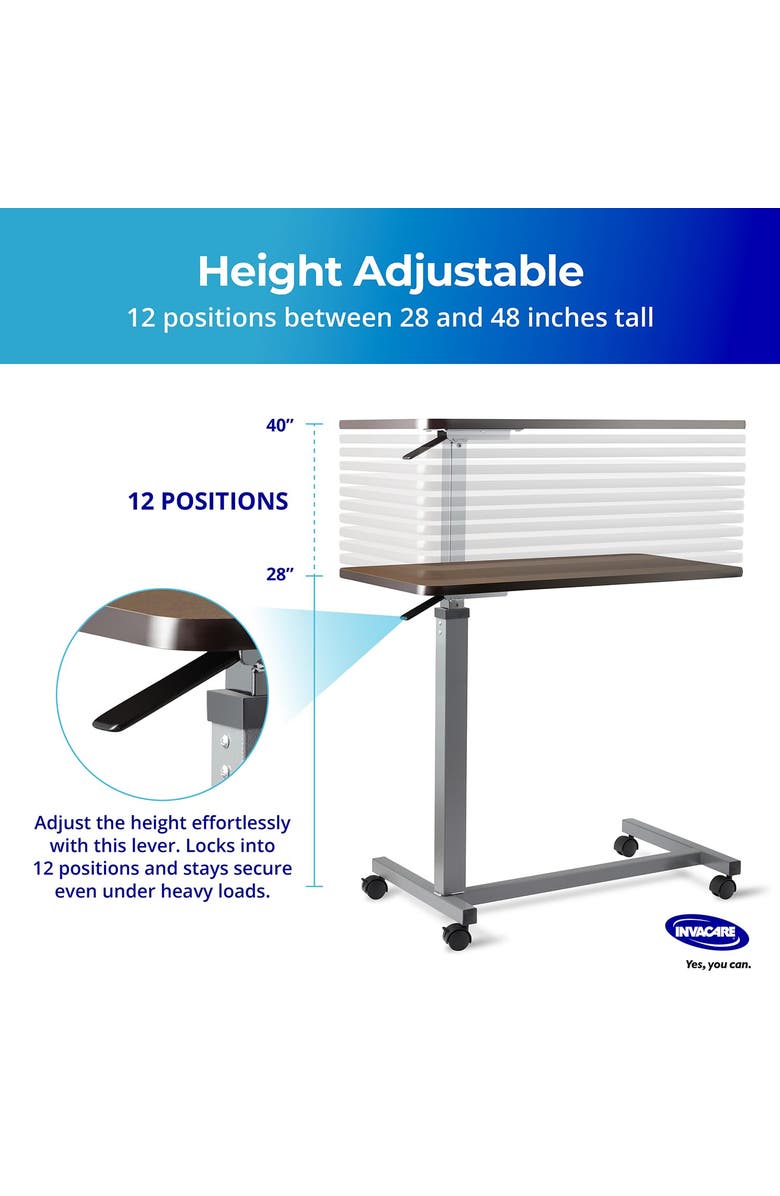 Invacare Adjustable Medical Bedside Table with L-Shaped Base, Alternate, color, Brown