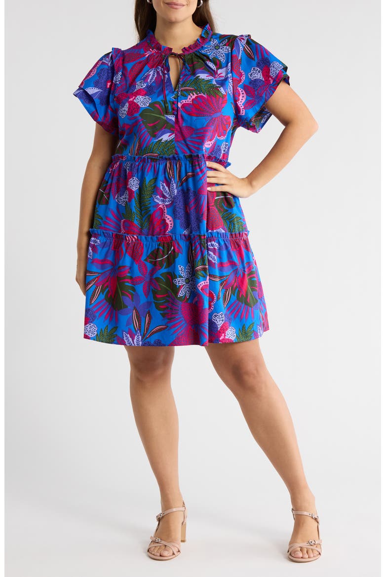 Mela Tropics Empire Tiered Minidress, Main, color, BLUE-PINK-COMBO