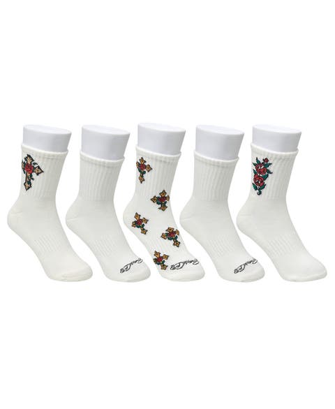 Rose Cross Print Half Cushion Mid Crew Sock 5 Pack