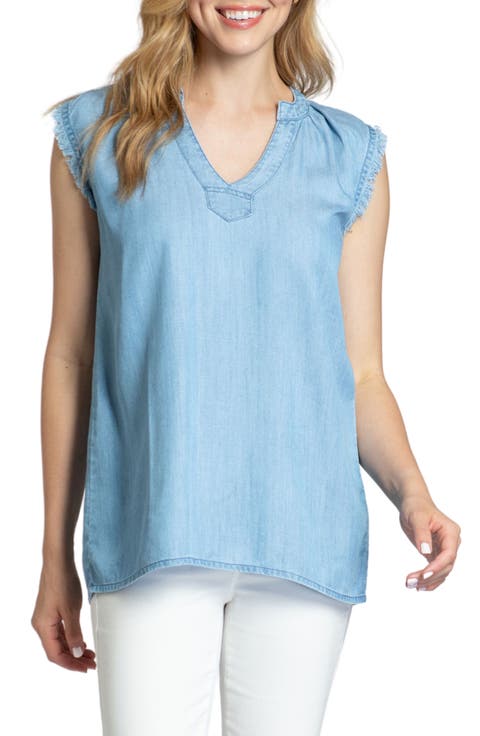 Sleeveless Fringed Chambray Top