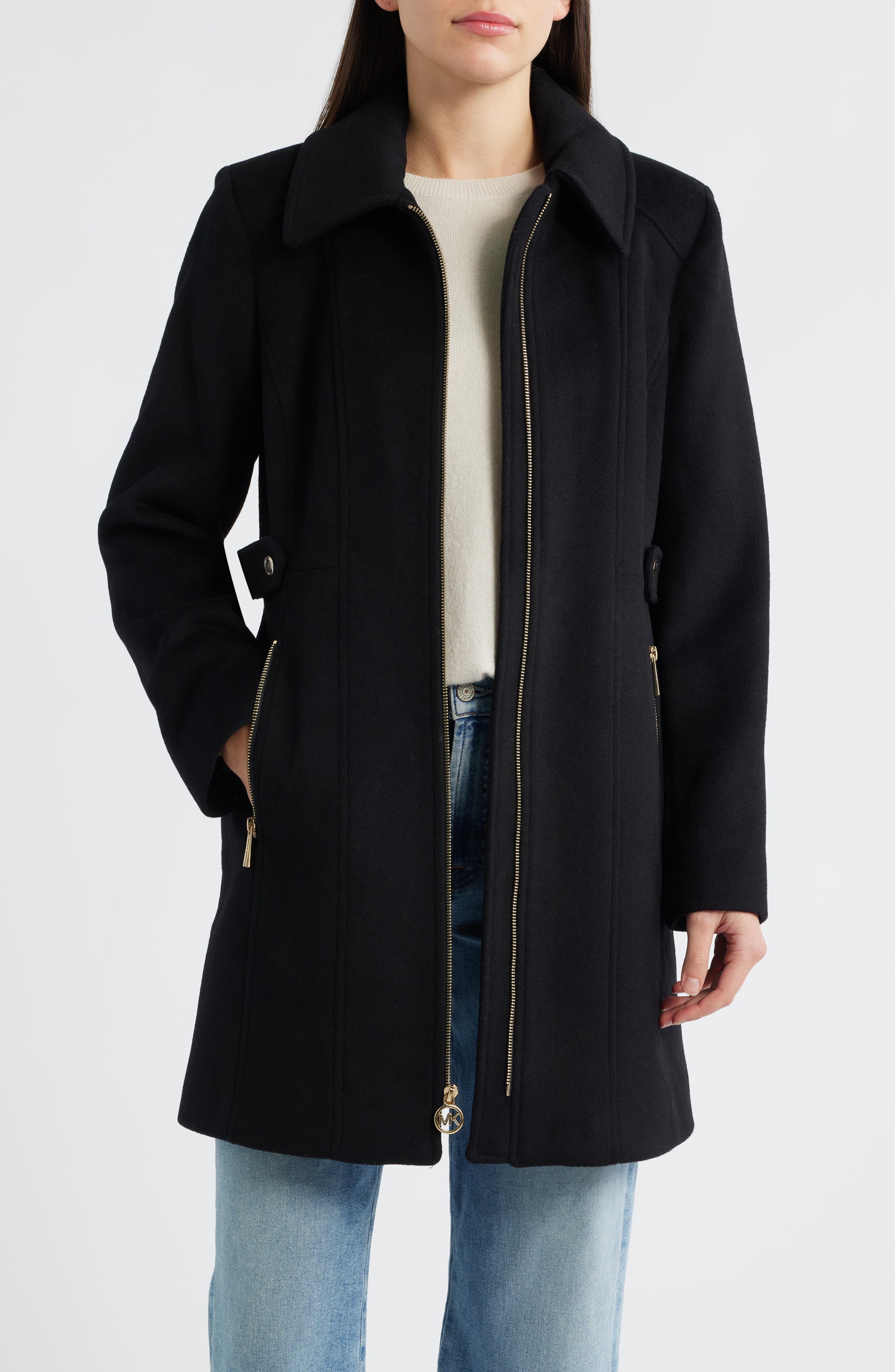 Michael Kors Front Zip Wool Blend Coat