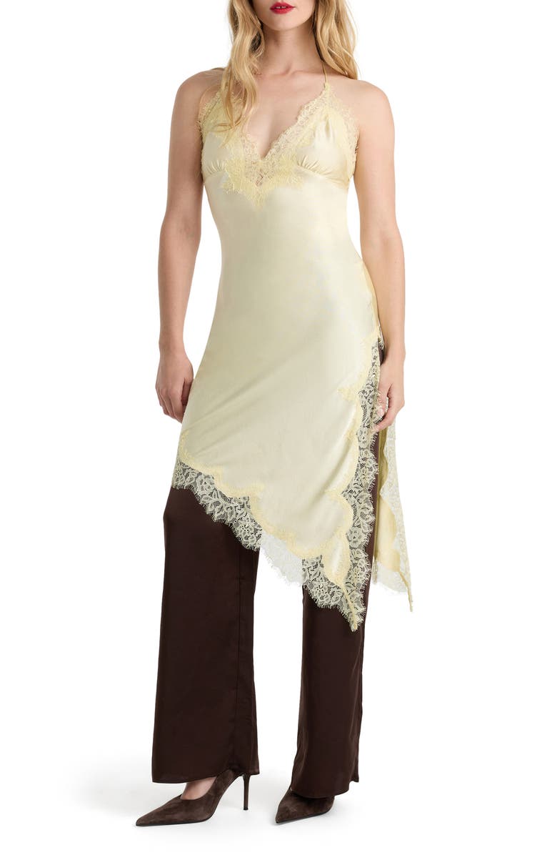 Bardot Silvio Asymmetric Lace Trim Satin Dress, Main, color, Buttercup