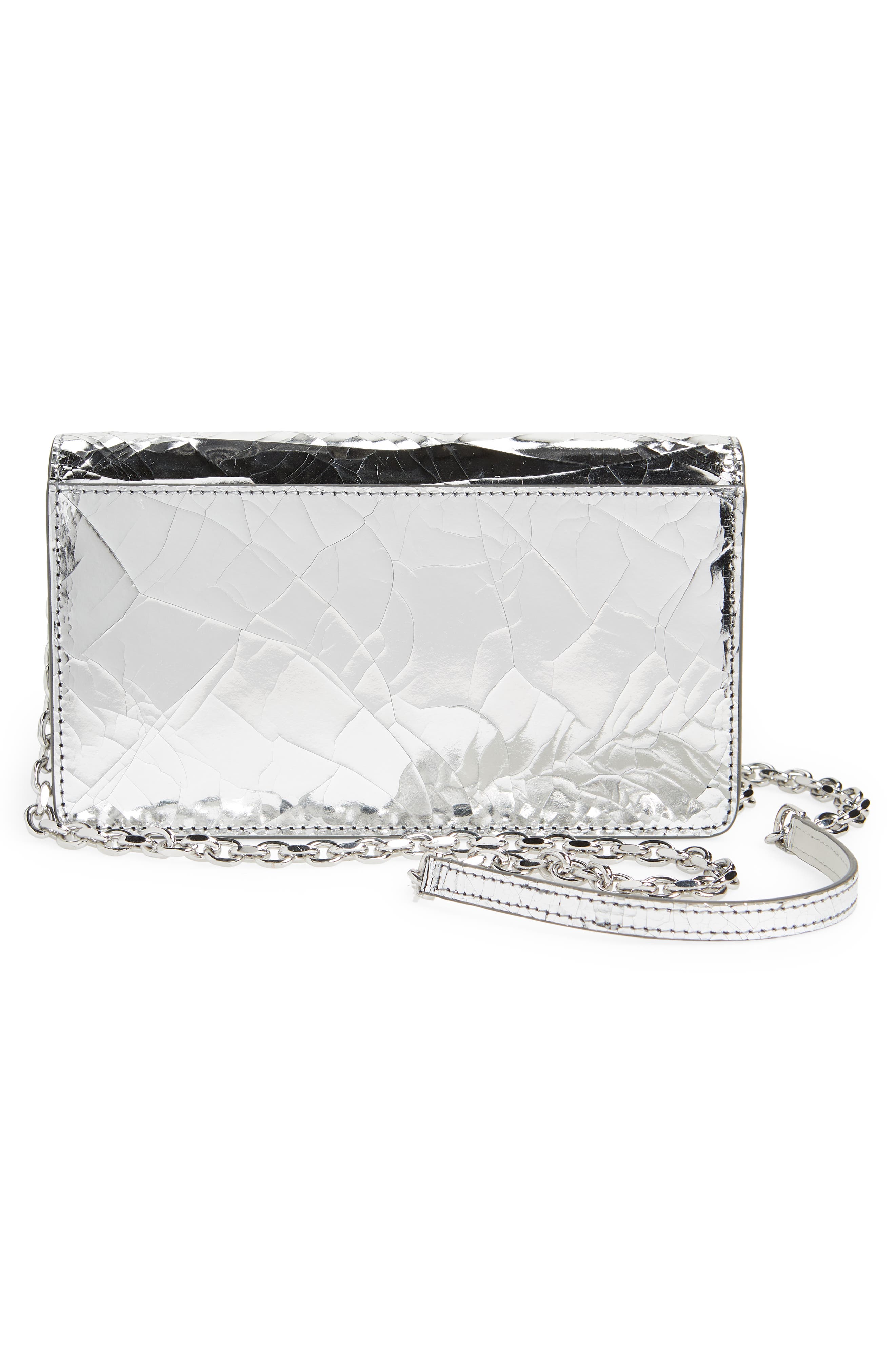 Metallic Painted Leather Wallet on a Chain, Alternate, color, SILVER/ GRAY
