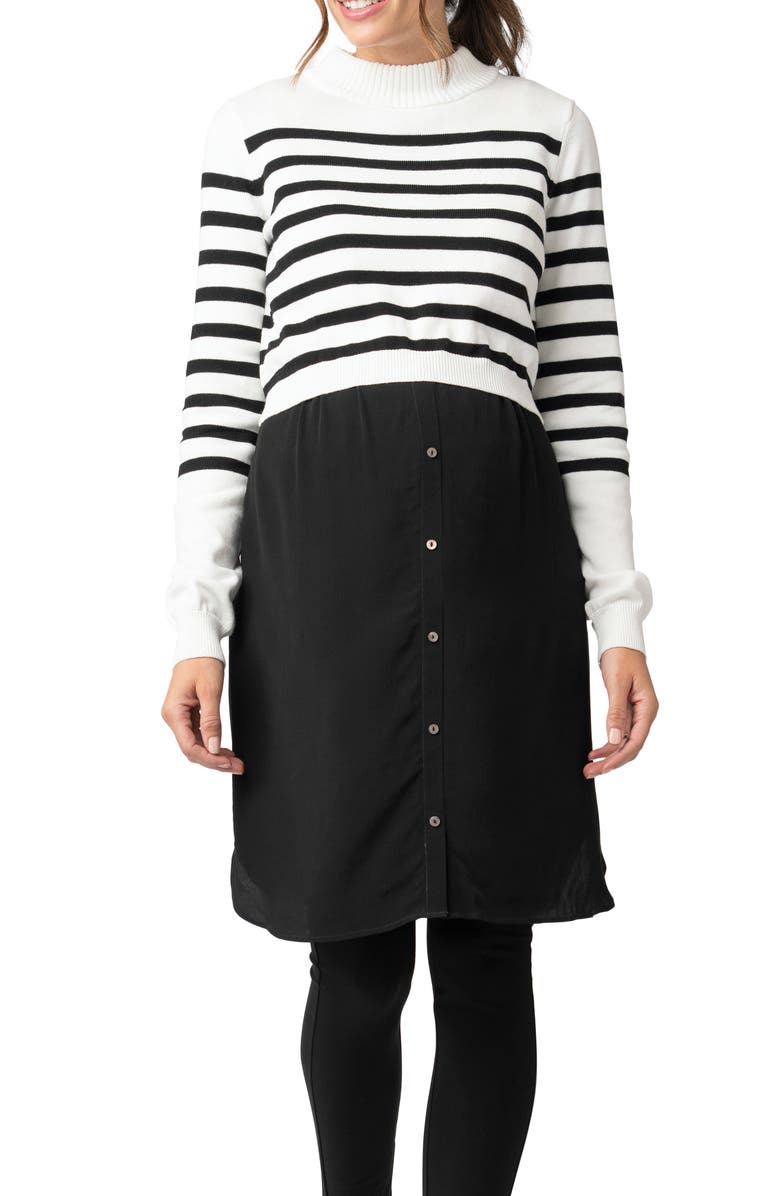 Seraphine Button Front Dress & Stripe Sweater Maternity/Nursing Set, Main, color, 