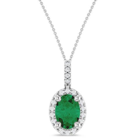 Oval Lab  Emerald & Diamond Halo Pendant Necklace 14K