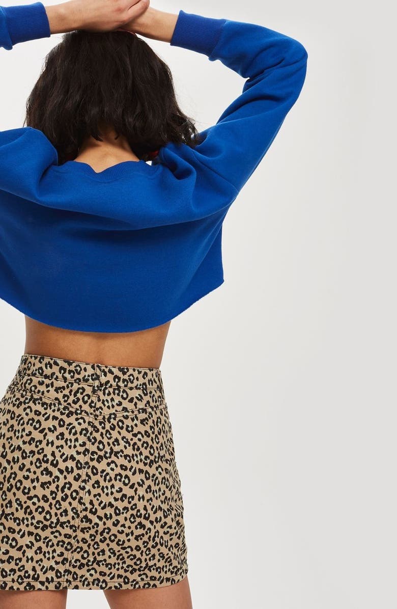 Topshop Half Zip Leopard Print Denim Skirt, Alternate, color, 