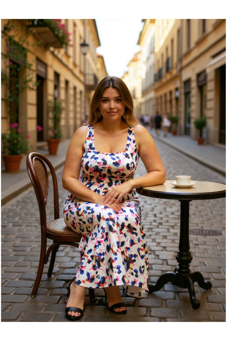 Plus Size Abstract Scoop Neck Sleeveless Tank Racerback Maxi Dress, Alternate, color, White Multi