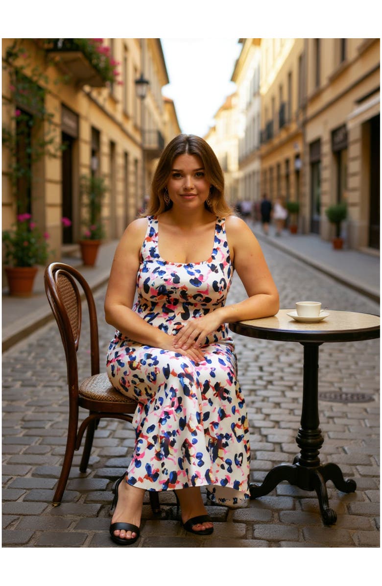 24seven Comfort Apparel Plus Size Abstract Scoop Neck Sleeveless Tank Racerback Maxi Dress, Alternate, color, White Multi