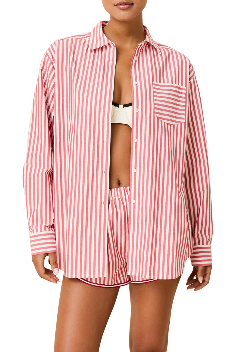 The Avril Linen Blend Button-Up Shirt, Main, color, LIPSTICK RED