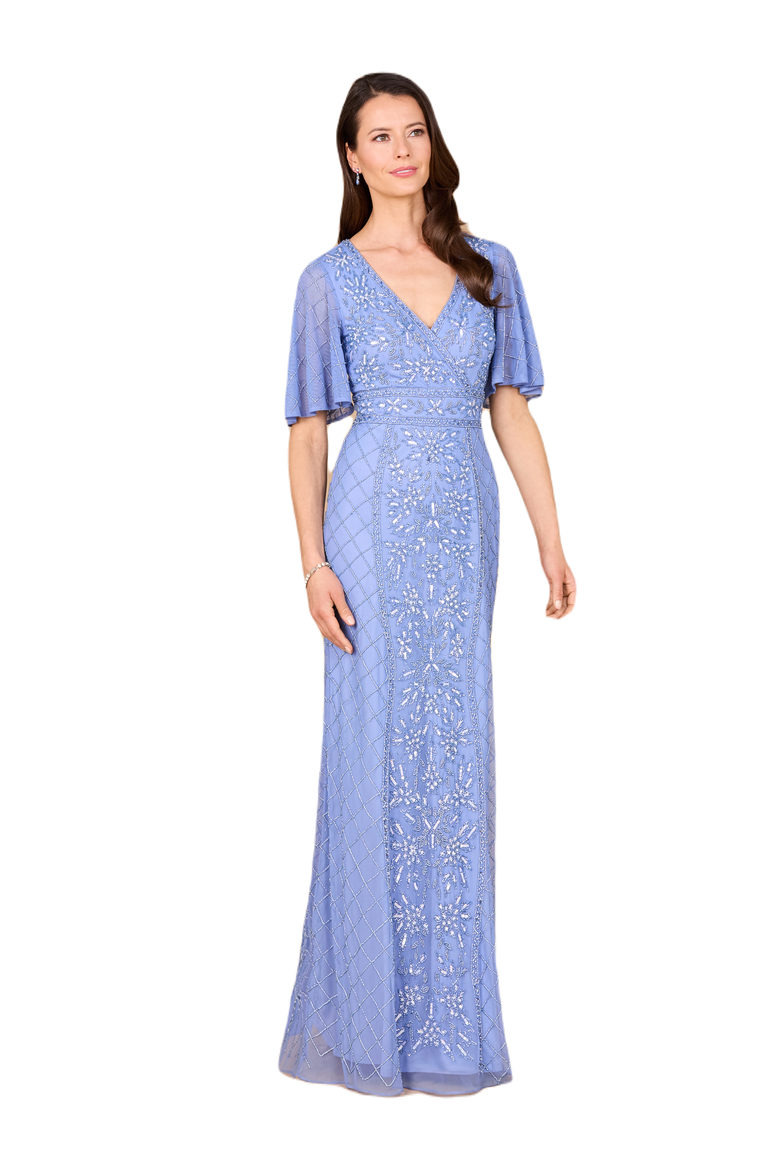 V-Neck, Cape Sleeve Beaded Gown, Main, color, Periwinkle