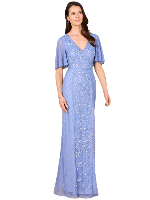 V-Neck, Cape Sleeve Beaded Gown