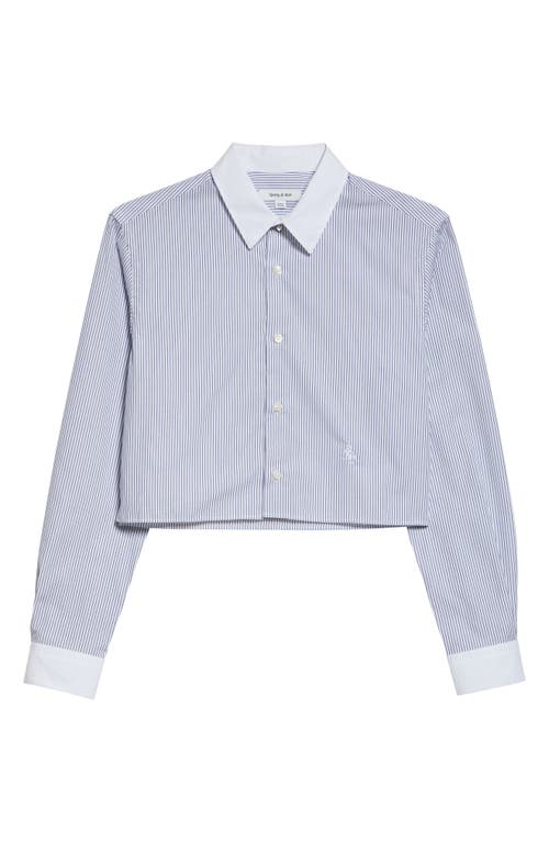 Sporty And Rich Sporty & Rich Src Embroidered Stripe Cotton Crop Button-up Shirt In White/navy Thin Stripe